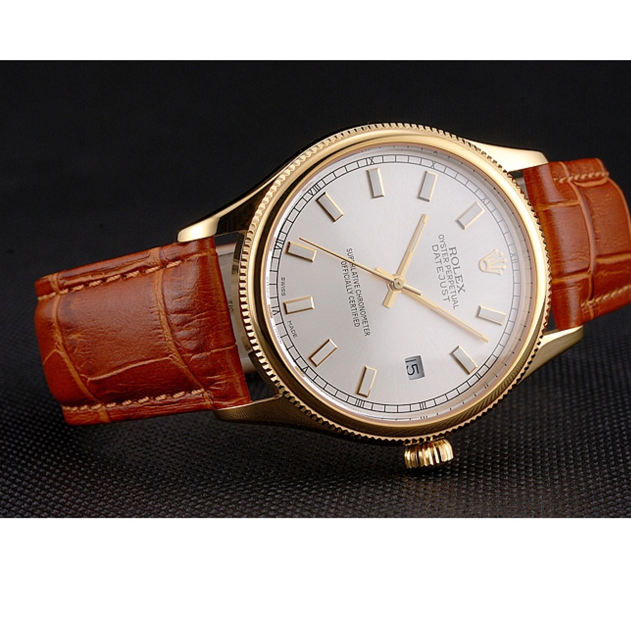Good copy rolex watches Light Dial White Leather Strap Brown Case Gold Swiss Rolex Datejust 0501